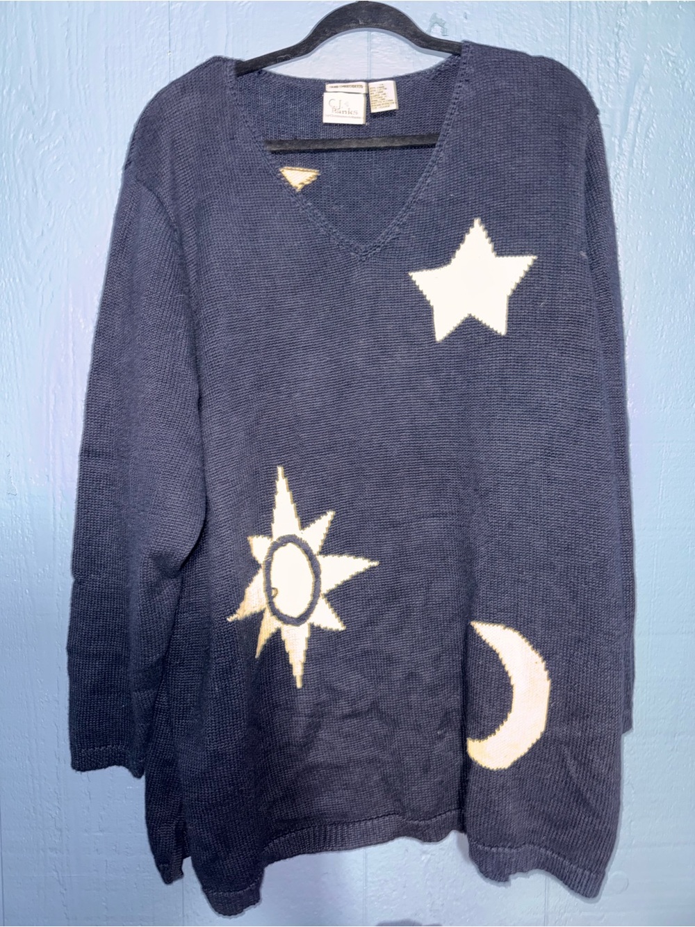 VTG Christopher & Banks Navy V‑Neck Sweater with Cream Celestial Motifs